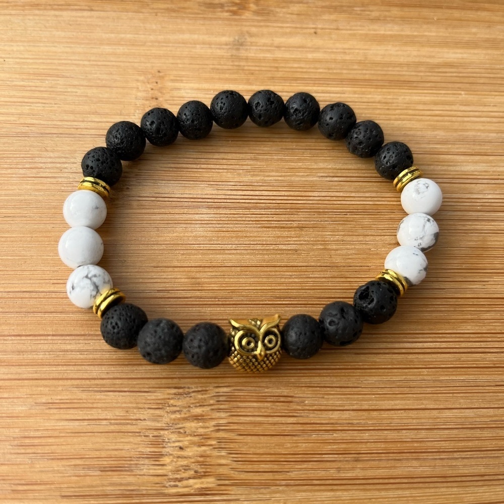 Black Lava Stone Natural White Howlite Owl Charm Bracelet - Picture 5 of 12